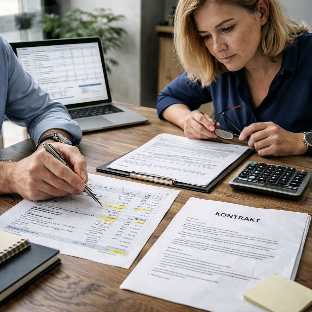 Kontraktsgjennomgang med kalkulator og regneark